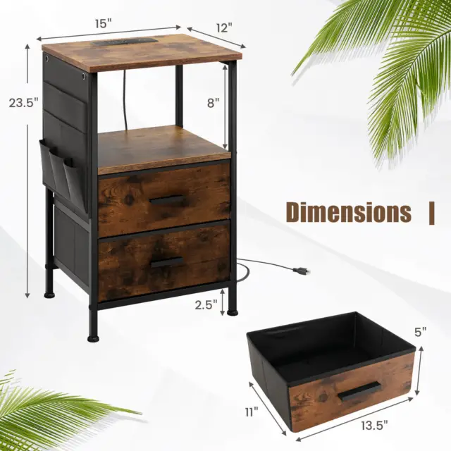 Nightstand with Charging Station Industrial Bedside Table with 2 Drawers 2