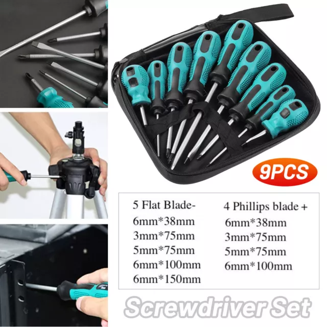 Screwdriver Set 9 Piece with storage bag CRV magnetic tips Phillips Flat blade