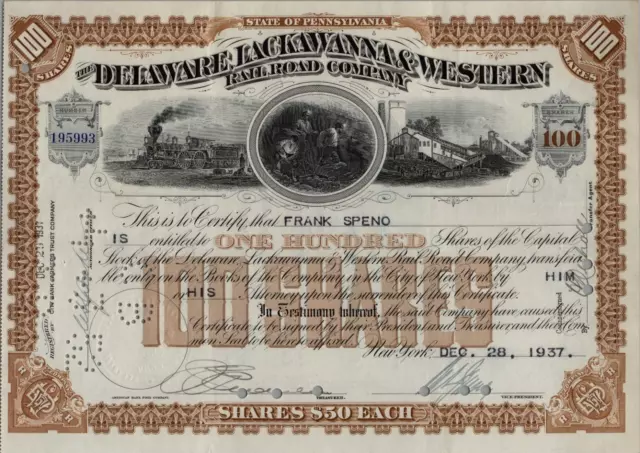 1937 Delaware Lackawanna Western Railroad Stock Certificate Business History