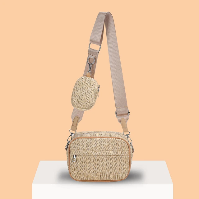 Women Hobo Bag Solid Color Straw Satchel Bags for Summer Vacation (Khaki) FS2#
