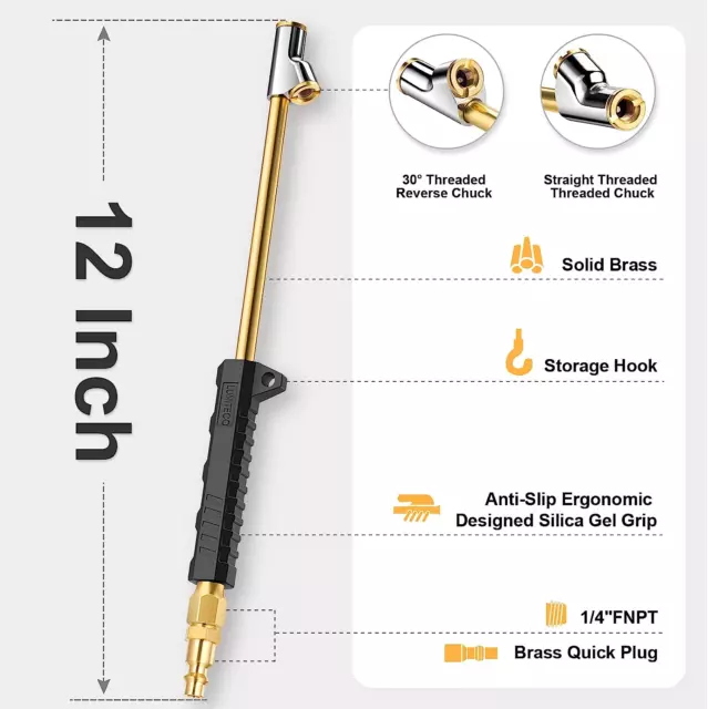 LUMITECO 12" Extended Reach Dual Head Air Chuck, 2-Way Connection 1/4" FNPT Foot 2