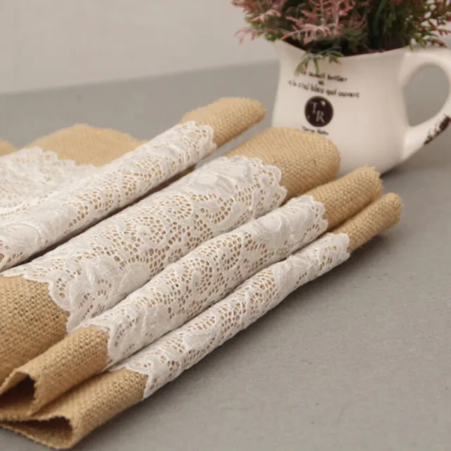 30CM*1.8M Vintage Burlap Lace Hessian Table Runner Natural Jute Wedding Dec#km