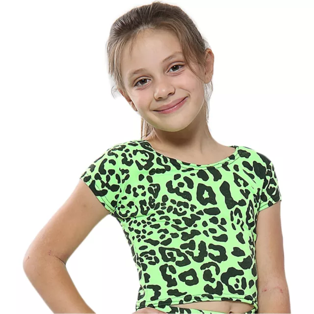 Girls Top Kids Tops Leopard Print Neon Green Fahsion T Shirt Crop Top 5-13 Years