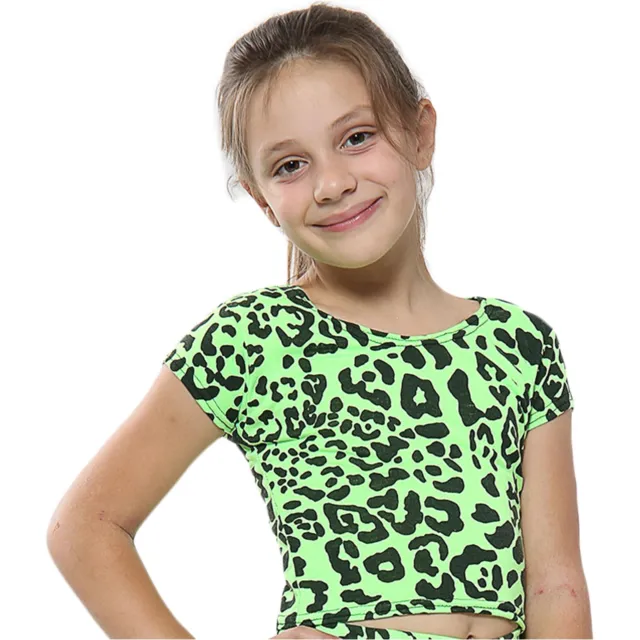 T-shirt top per ragazze bambini stampa leopardata verde neon Fahsion crop top 5-13 anni