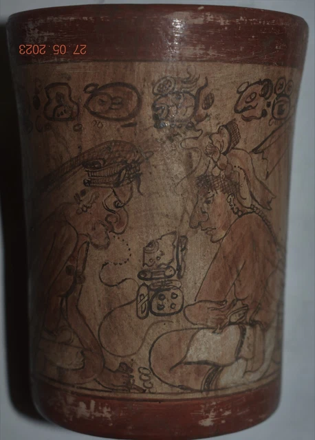 MAYAN VASE, CODEX, gods, GLYPHS WIDE 5-6" PROV