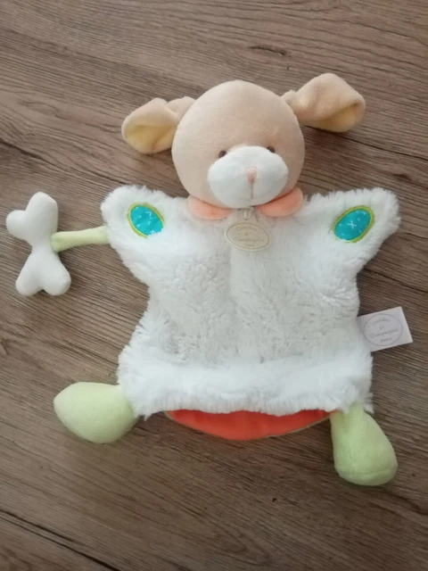 Doudou Et Compagnie Marionnette Chien Choupi Blanc Orange Vert Os 24Cm