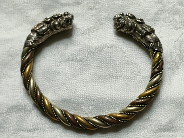 Bracelet Ancien Jonc Damasquiné Argent Sur Acier - 16mm Large, 67mm Diamètre - Occasion