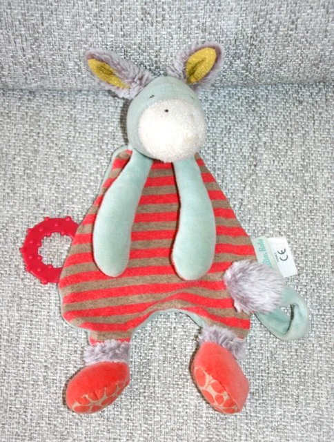 Moulin Roty Doudou Ane Plat Biscotte Et Pompon Gris Bleu Raye Rouge  Kom9