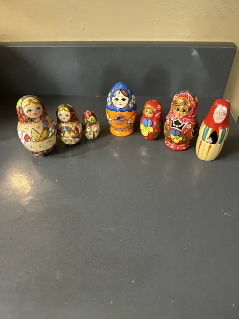 Lot of 7 Russian Nesting style Matryoshka Dolls Wooden Vintage With Extra Parts