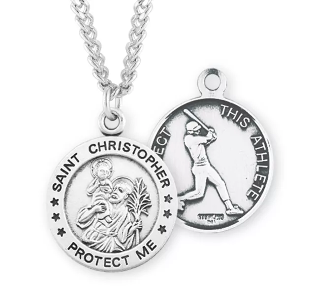 Saint Christopher Sterling Silver Baseball Male Athlete Medal Pendant Necklace