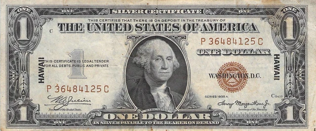 United States $1 Dollar Silver Certificate Note 1935-A Hawaii Overprint Wwii
