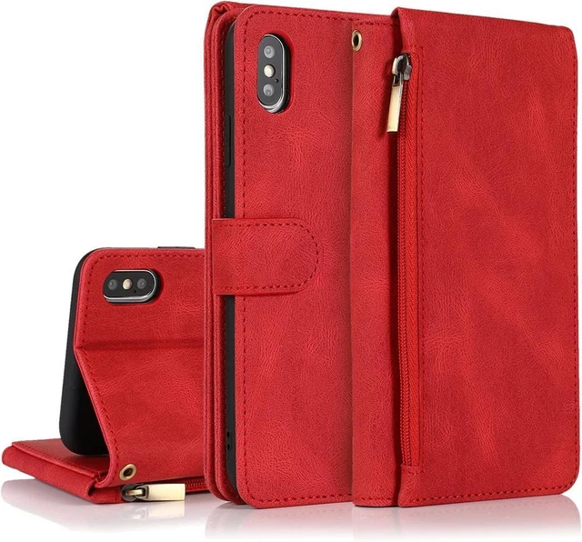 Wallet Case 8 Card Slots&1 Zipper Coin Purse Wallet Flip Cover-iPhone Xs Max-Red