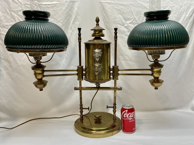 Double Arm 32" Brass Student Glass Shade Oil Lamp - Lion's Head