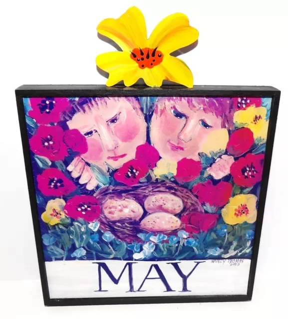2003 Nancy Thomas Arte Popular Mayo Flores Pájaro Nido Niños Calendario Placa De Pared