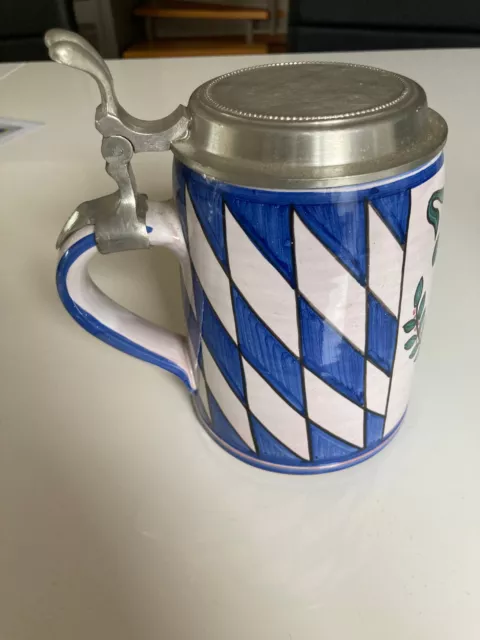 Bierkrug mit Deckel Zinn Halbe Original Keramik Rautenmuster BAYERN