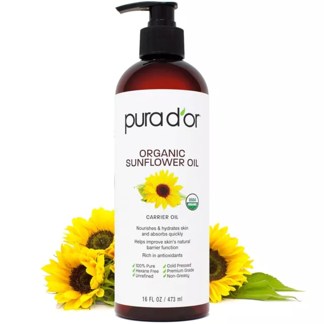 PURA D'OR Dor Sunflower Seed Oil 100% Pure USDA Organic 16 oz, for Face & Skin