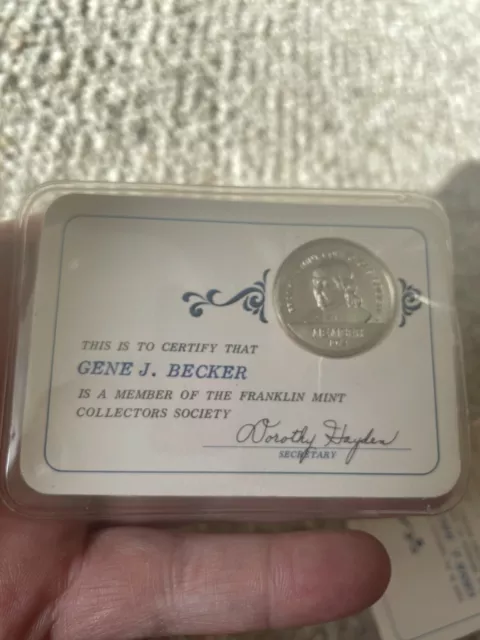 1972 Franklin Mint Collectors Society Member Card w/Sterling Silver Coin