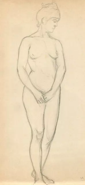 Dibujo a lápiz antiguo antiguo Retrato de mujer original de pie 1901
