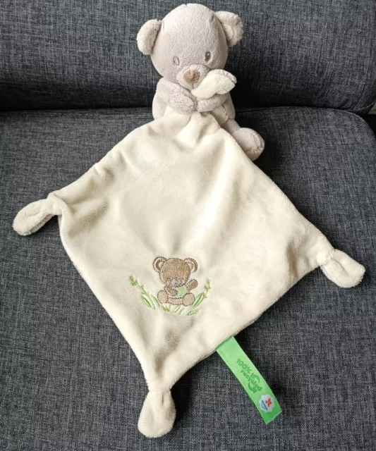 501🌟Doudou ours Ourson mouchoir écru beige brodé ours 100% recycled Nicotoy