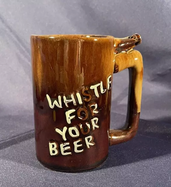 VINTAGE "Wet Your Whistle" Beer Mug Cup Redware Brown Drip Glaze WORKING WHISTLE