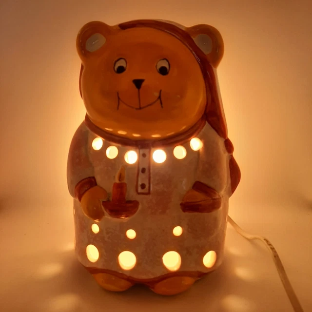 Lampada per orsacchiotto vintage ceramica porcellino luce notturna camera da letto bambini orso rosa RARA