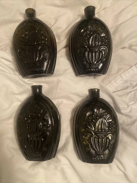 4x LOT! ANTIQUE *RARE* 7" GREEN FLASK W CORNUCOPIA & FLOWER URN. SHEARED LIP.