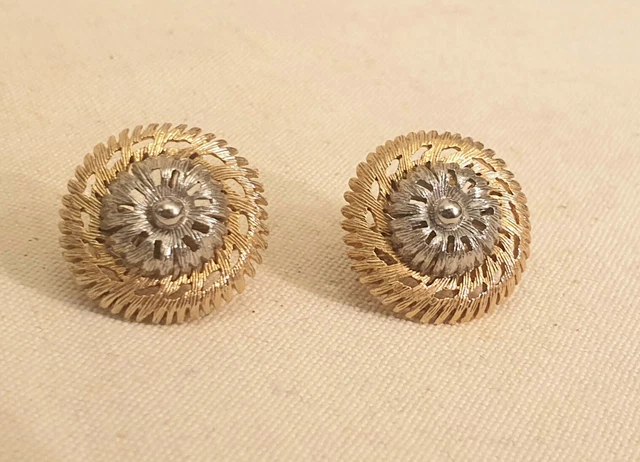 Boucles D'oreilles Anciennes Plaqué Or Deux Tons - Bijou Fantaisie Vintage, Fermoir Clips