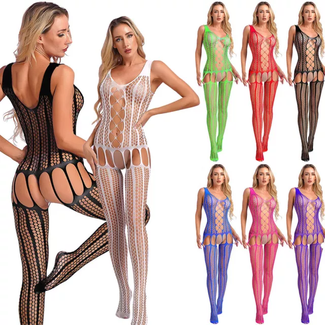 Bodystocking Ärmellos Damen Aushöhlen Nachtwäsche Babydoll Clubwear Schrittlos