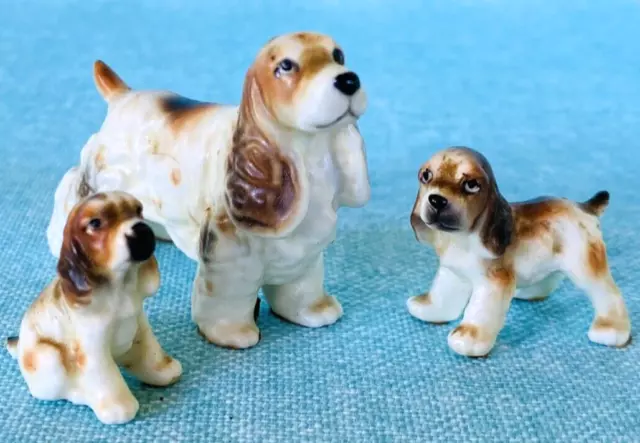 Vintage Porcelain Miniature Spaniel Dog & Puppies Figurines ~ Set of 3