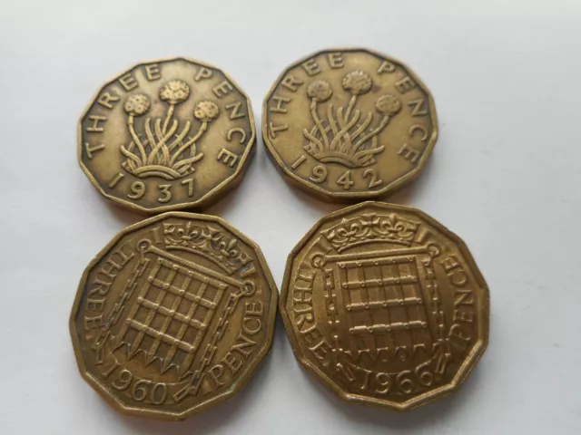 Job Lot 4 @ Eliz.II &  Geo. VI Brass Threepence  (3d). Coins - 1937,42, 60 & 66.