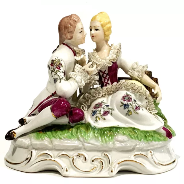 Porcelain DRESDEN LACE-STYLE Figurine 15cmH- COURTING COUPLE On The Grass, Japan 3