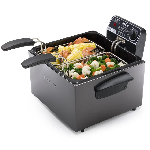 Presto 5Qt Dual Basket Pro Fry Immersion Element Black Deep Fryer 05489