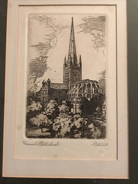 "Gerahmter Ätzdruck signiert T Stead Norwich Kathedrale 6,5x4,5"" Rahmen 11x9""" 2