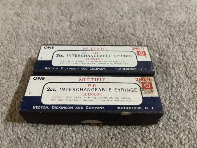 2-Vintage B-D Yale Luer-Lok Multifit 2cc. Interchangeable Syringe Original Boxes