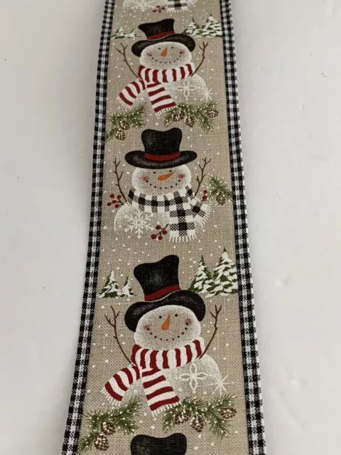 10 Yds 2 1/2” Wired Beige Faux Burlap Christmas Ribbon With Snowman Gingham Edge