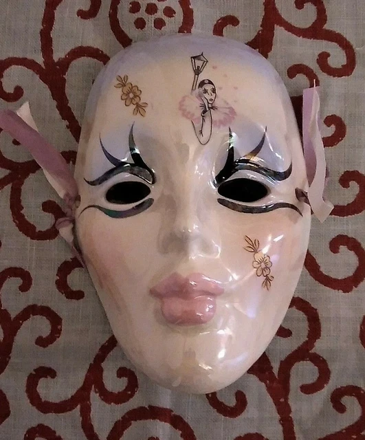 Máscara facial vintage 1989 Mardi Gras Nueva Orleans pequeña pared de porcelana niña firmada