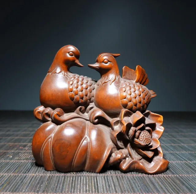 Chinese Natural Boxwood Hand-carved Exquisite tatue mandarin duck 32421