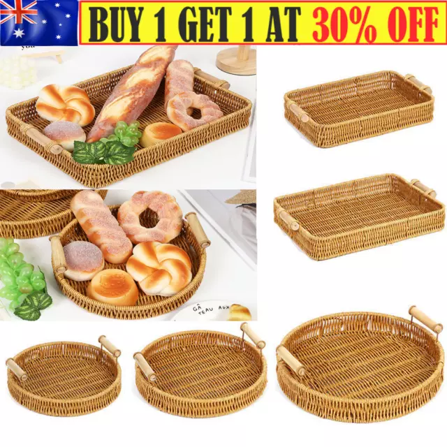 Rattan Wicker Woven Storage Basket Bread Fruit Serving Tray Kitchen Container