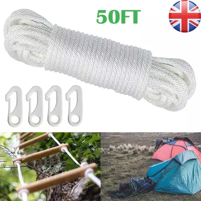 49ft/15M Nylon Flag Rope Flagpole Rope 6mm Thick White  W/4X Flag Pole Clips Hot