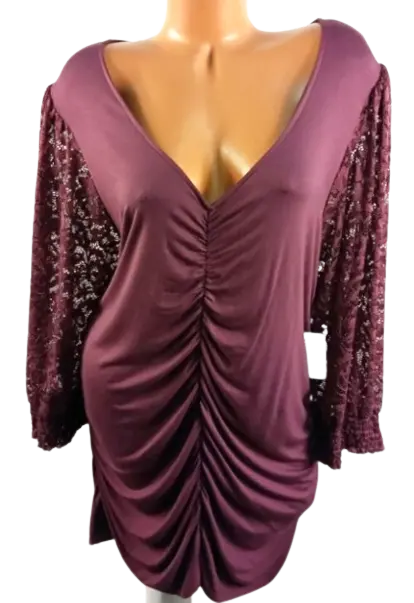 NWT TORRID PURPLE lace 3/4 sleeves ruched front v neck stretch top 4 , 4X  $48.35 - PicClick AU
