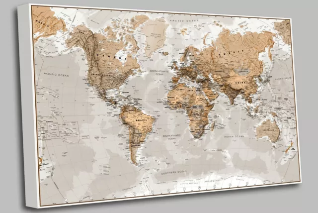 Classic Map of the World Sepia Canvas Wall Art Picture Print