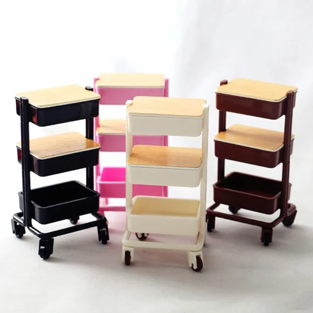 1:12TH Scale Dolls House Miniature Mobile Trolley 3-Layers Storage Rack Kitchen
