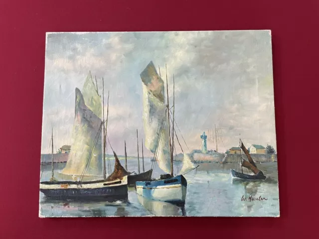 Peinture Sur Toile A L’huile  Tableau Signée W. HUNTER Bateaux Voilier Port