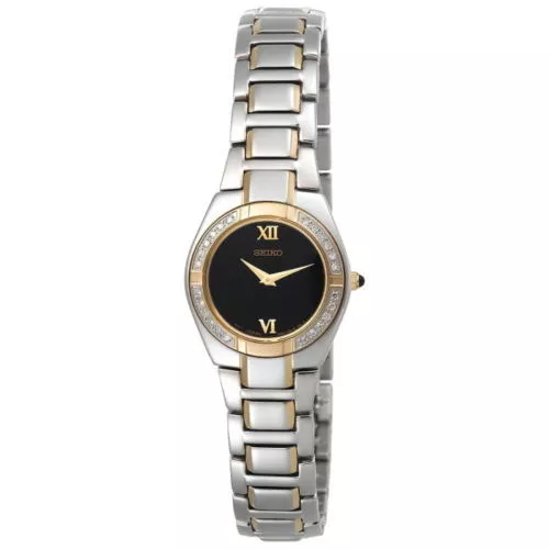 Seiko SUJF10 Women's Dress Diamond Encrusted Black Dial Two-Tone Stainless Watch