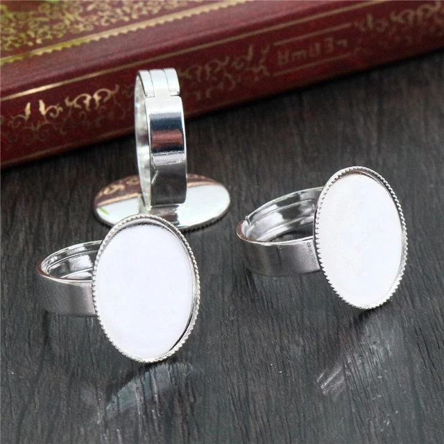 Ajustes de anillo ajustable ovalado base de cabujones enchapado en plata brillante 10 un.