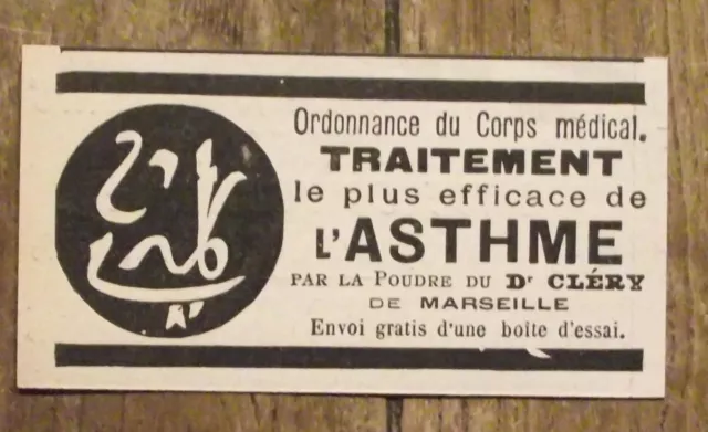 Publicité ancienne Poudre du Dr Clery,traitement asthme ,1898,advert