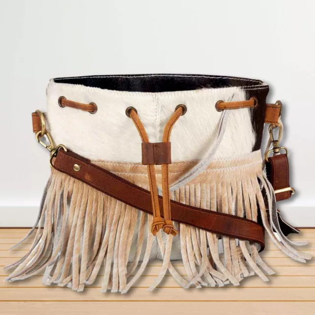 Genuine Cowhide Crossbody Hand Tooled Leather & Hairon Fring Tote Western NEW
