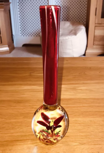 Midcentury Red Flower Paperweight Murano Type  Art Glass Bud Stem Vase 20cm