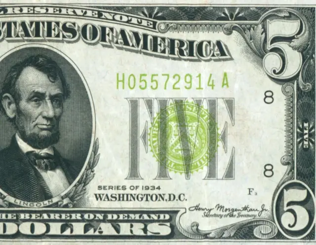 $5 1934 (( VF+++ )) LGS LIME ((LIGHT GREEN SEAL)) Federal Reserve Note CURRENCY