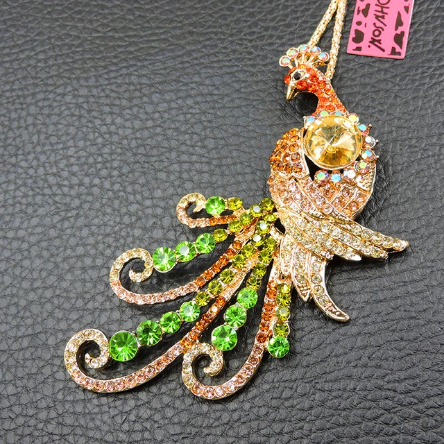 Betsey Johnson Yellow Crystal Rhinestone Big Peacock Pendant Sweater Necklace